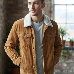 BoohooMAN Corduroy Sherpa Collar Trucker Jacket Camel Tan Large